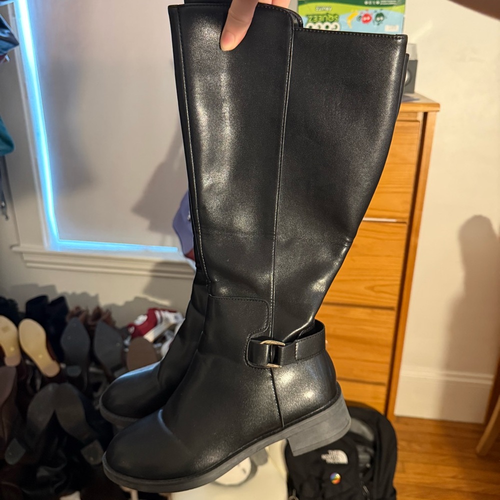 Black Faux Leather Knee-High Boots With Buckle Detail